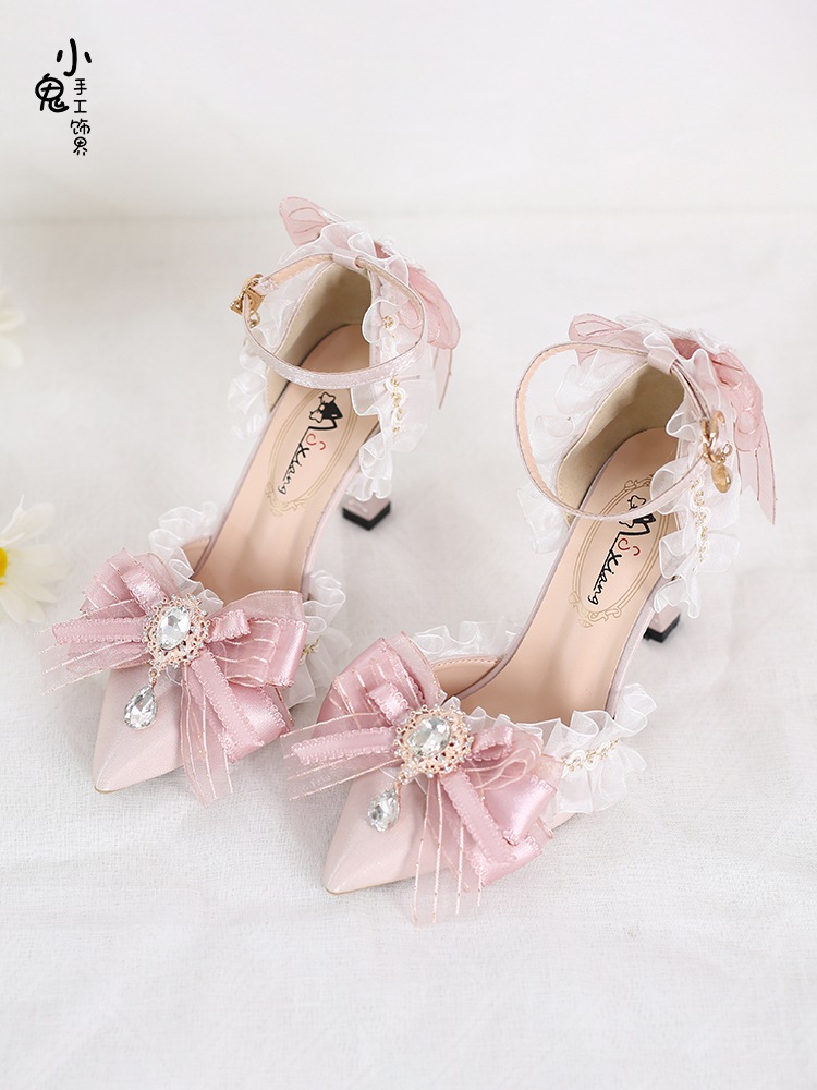 オリジナル 優しい蝶 ピンクフラワー 結婚式 ロリータ 成人式 ハイヒール ポインテッドトゥ ハンドメイド ロリータサンダル 単品