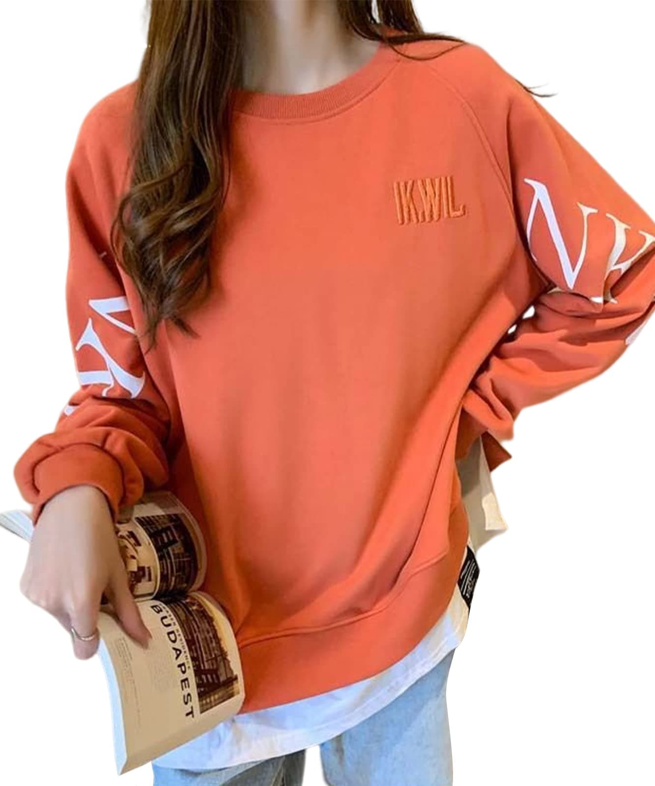 [エアバイ] レイヤード 重ね着風 ゆる ロンT スウェット ゆったり 袖ロゴ オーバーサイズ トップス レディース ビッグシルエット プルオーバー カジュアルシャツ レディースシャツ おおきい 大き