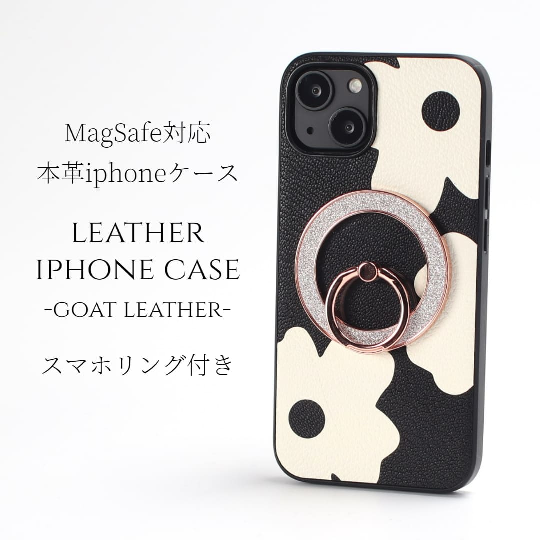 iphone ケース レザー iphone15 iphone14 iphone13 magsafe対応 マグセーフ対応 リング付き 15 14 13 13mini 本革 スマホケース 花柄