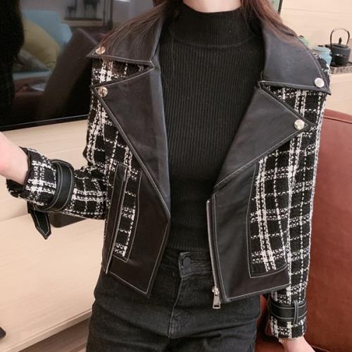 【即納】アウター ジャケット ブルゾン ライダース チェック柄 襟付き 秋 冬 長袖 おしゃれ 可愛い オルチャン 韓国ファッション 防寒 暖かい レザー風 ウール ショート丈 ジップ ファスナー ハ