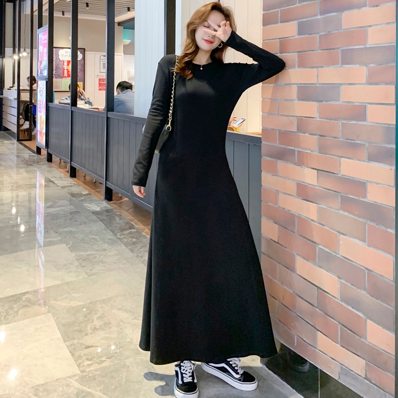 ワンピース フレアワンピース ロング ロング丈 袖あり 長袖 萌袖 ラウンドネック 襟なし Aライン 伸縮性 綿 薄手 かわいい 大人可愛い シンプル カジュアル 大人 おしゃれ お洒落 大人可愛い