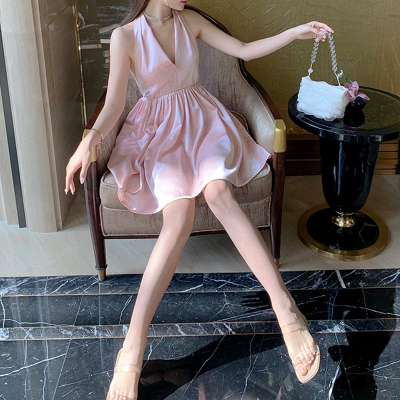 レディース ワンピース ひざ丈 サテン 上品 ワンピ フレア パーティー 春夏 春 夏 秋