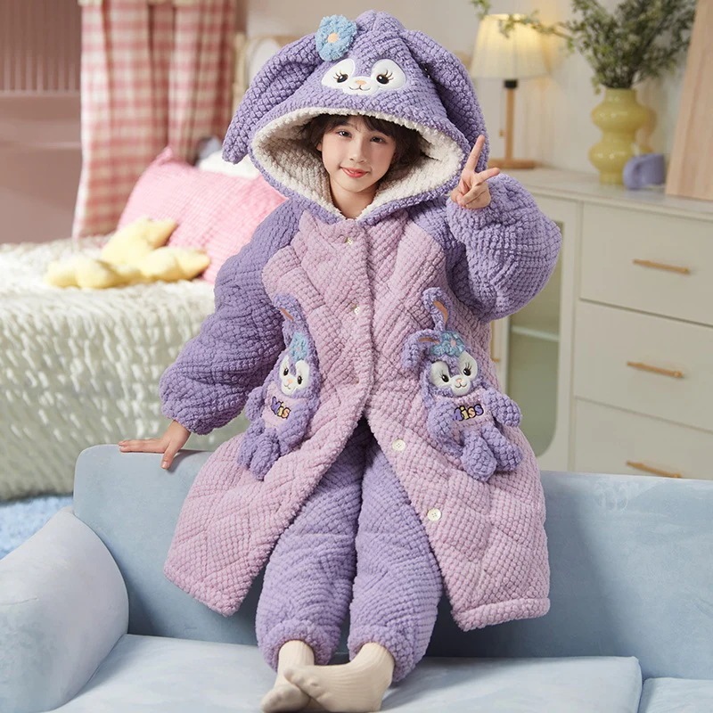 通学 女の子用スリーパー冬の3層コットンクリップパンツ厚手フランネルスターデール子供用ロングスーツ 保育園 小学部