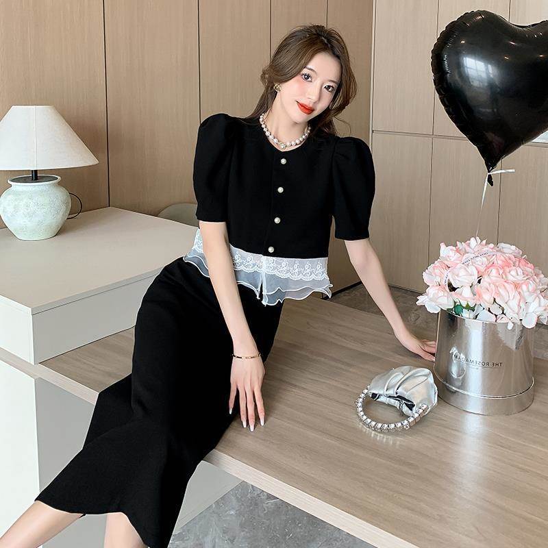 セットアップ レディース スーツ 2点セット 上下セット 半袖ジャケット 襟なし パフスリーブ