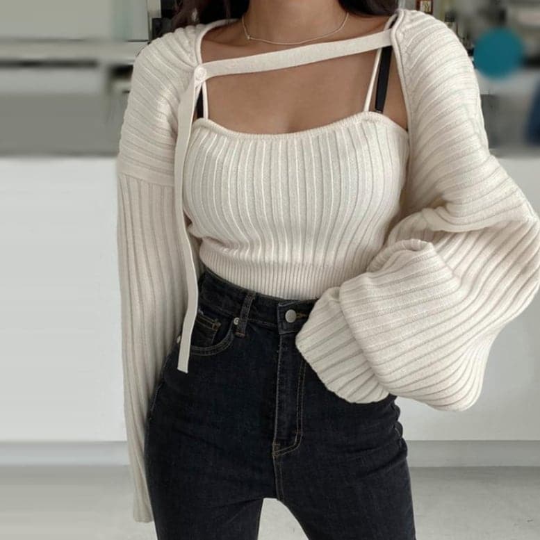 2color レディース リブニット アンサンブル トップス 2セット ツーピース