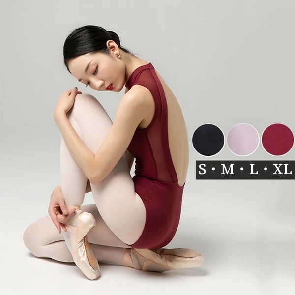 バレエ レオタード 大人 ダンスウェア ダンスレオタード 衣装 練習 袖なし ノースリーブ スタンドカラー ハイネック シンプル 透け感 無地 オープンバック レッスン着 コスチューム ダンス服 パッ