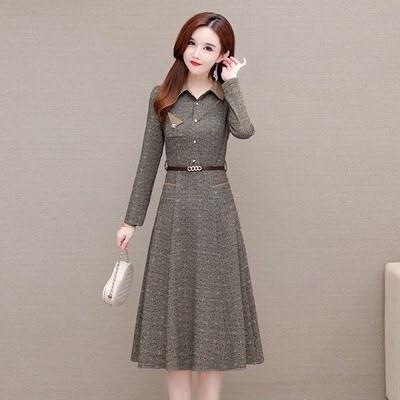 ワンピース フレアワンピース 膝丈 ひざ丈 袖あり 長袖 Vネック 襟付き フレア Aライン ベルト ウエストマーク かわいい 大人可愛い きれいめ おしゃれ お洒落 かっこいい レトロ アジアン 柄