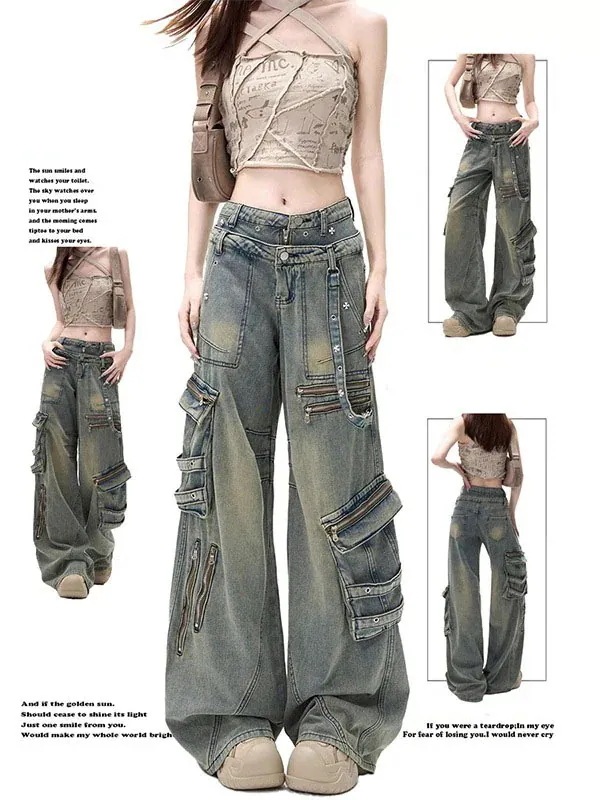 25 デニムパンツ ロング丈ボトムスハイウエストジーンズ K-PPストリートファッション系韓国風ファッション練習ジーンズ シルエットゆったりレッグレディースカジュアルジーパン衣装