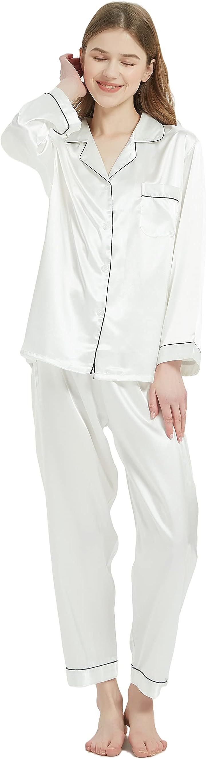 【送料無料】 パジャマ KUMASENレディース 上下セット XL) ホワイト, 前開き( 長袖 部屋着 ルームウェア パジャマ