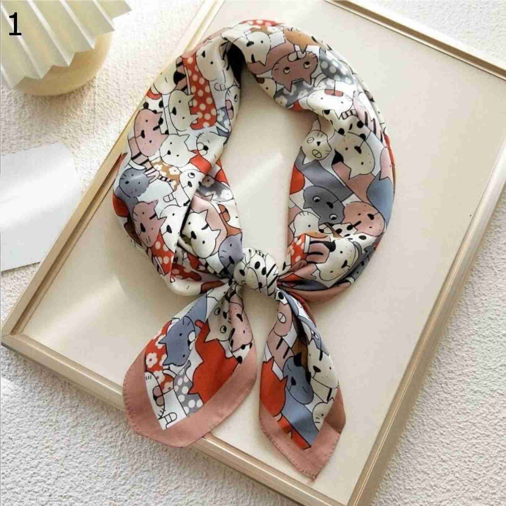 【20%OFFクーポン～】70x70cm レディース ポリエステル スカーフ かわいい猫 プリント カジュアル サテン 動物 スモール スクエア ラップ スカーフ (Color Pink スカーフ 5,010円