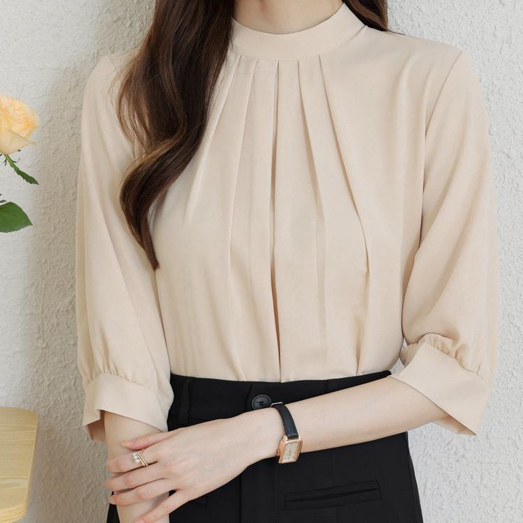 シフォンブラウス 7分袖 スタンドカラー ブラウス 春 フロントタック 二の腕カバー トップス レディース フロントタックブラウス バンドカラー