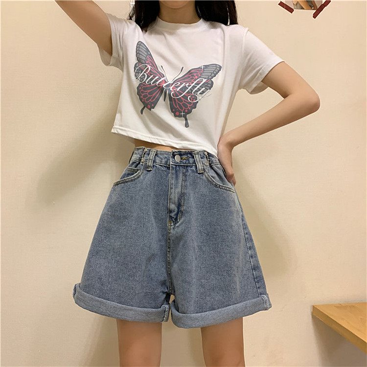 shop 夏日定番デニムワイドパンツ登場 トップスを選ばないのでコーデの必須アイテムになること間違いなしハイウエスト ショートパンツ おしゃれ ストレート