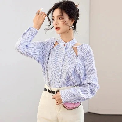 【急速出荷!】服レディース長袖ワイシャツ職業通勤トップスシフォンシャツサテン系シア-シャツセクシー肩出し