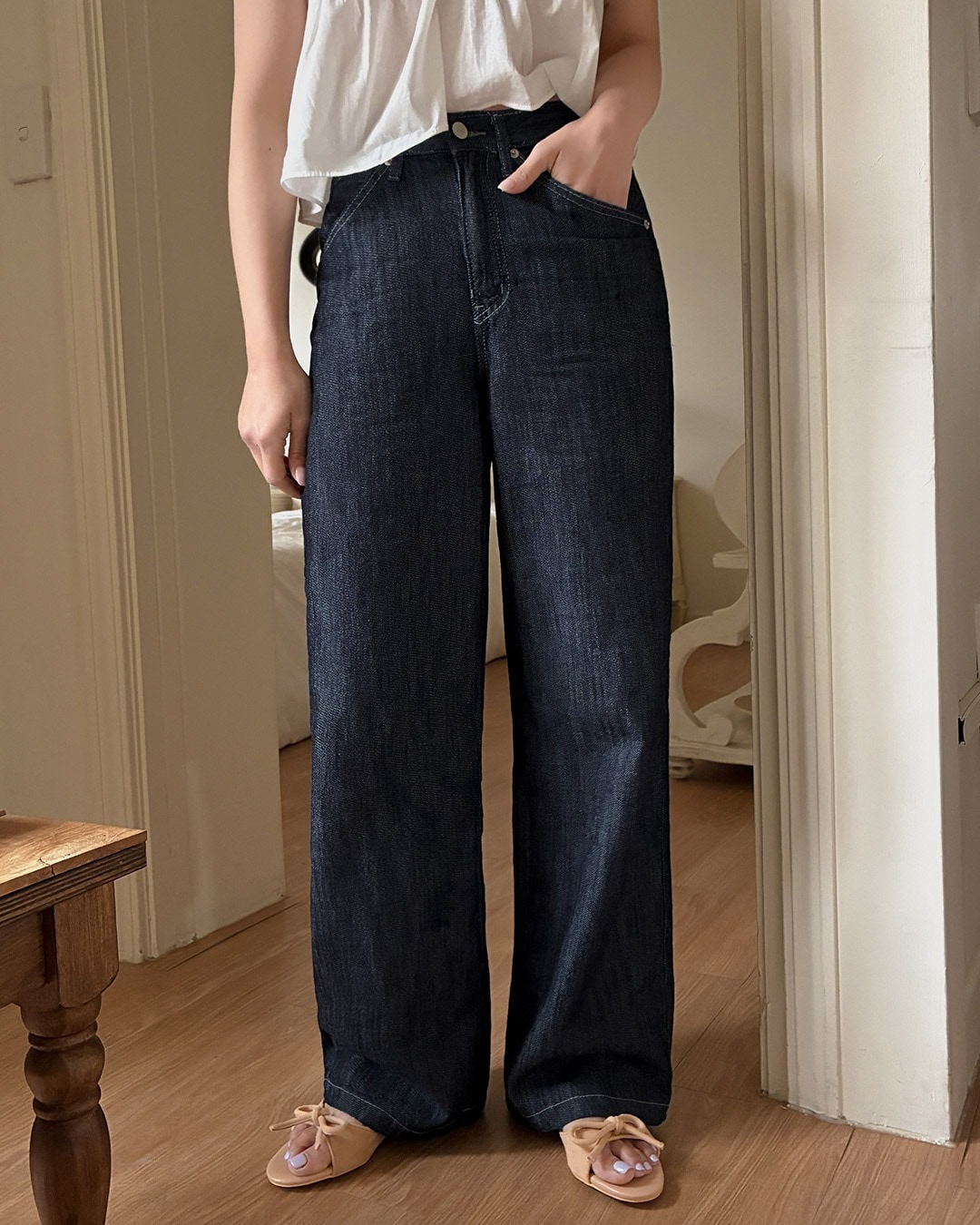 ピッティワイドデニムパンツ韓国ファッション レディース