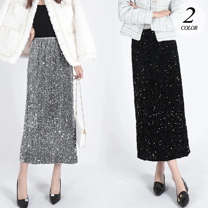 【2025新作 急速出荷】スパンコール ミモレスカート バックスリット ストレートスカート ミモレ丈 スカート ボトムス 可愛い カジュアル 秋 冬 きれいめ おしゃれ レディース 韓国ファッション
