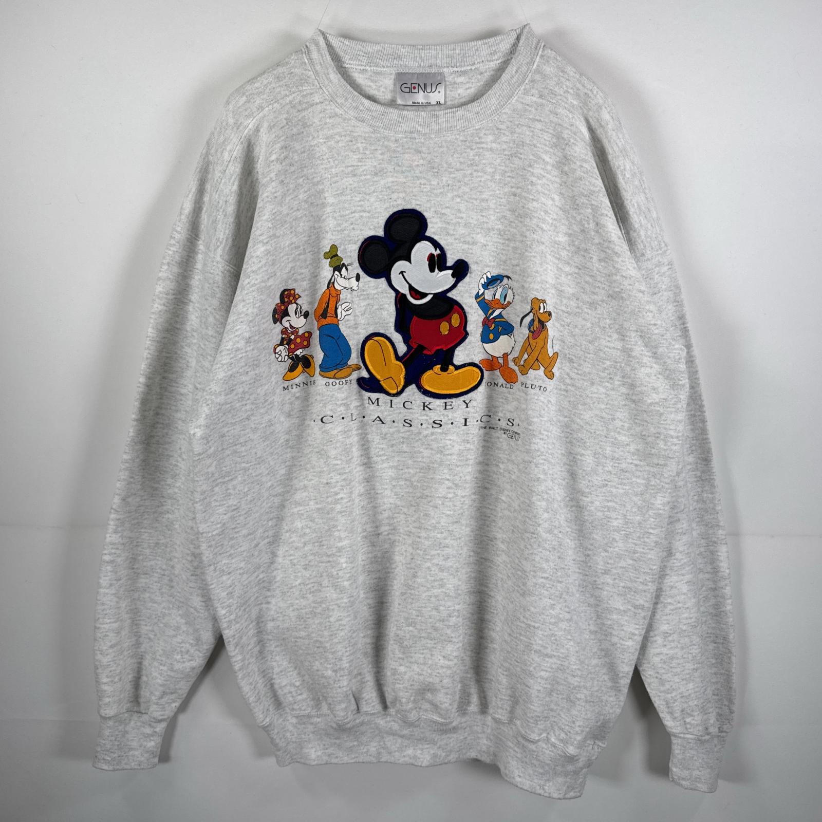 古着 90s/90年代 USA製 長袖 スウェット ディズニー ミッキーマウス プリント 刺繍 USA製 クルーネック トレーナー 霜降りグレー XL グレー メンズ