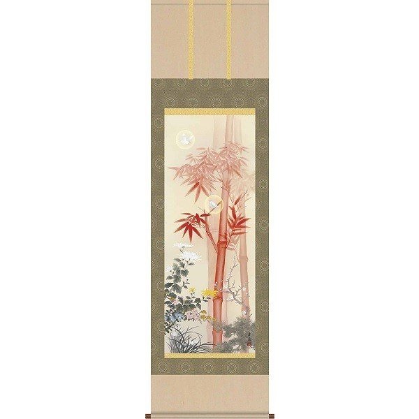 掛軸/開運画/開運花鳥/吉祥四君子繚乱図/根本孝逸/弥栄会/洛彩緞子本表装/尺五サイズ幅54.5cm/桐箱畳紙収納/表装品質十年保証
