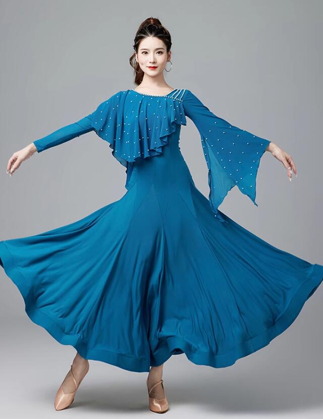 上品 胸パット付き 取り外し可能な胸当て 安全パンツが付き 大きい裾 技デモ タンゴ ラテン モダン フラメンコ ワルツ 広がる 社交ダンス 競技着 練習着 演出用 モダンダンス 社交ダンス衣装 舞台