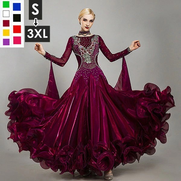 社交ダンス ドレス 社交ダンス衣装 高級 ワンピース 初心者 長袖 スタンダードドレス 白 ボリューム アームドレス ダッチネク ワルツ モダンドレス 競技ダンス ダンスウェア レッスン 黒 赤 青