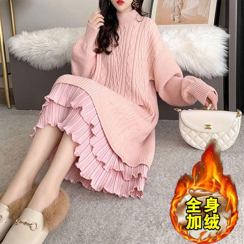 フリートと厚みのあるセータースカートに着痩せコート付きのスタイルゆったりとした肉カバードレスセーターレーススカート厚手