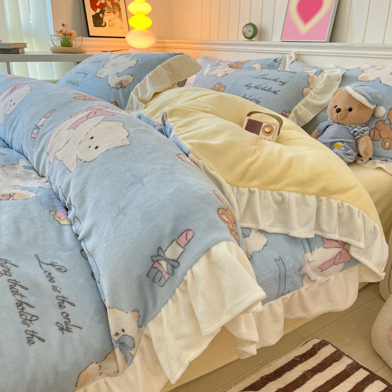 冬のミルクレーヨン4点セットプラスレースレーヨン秋冬サンゴレーヨンウール布団カバーシーツベッド3点セット