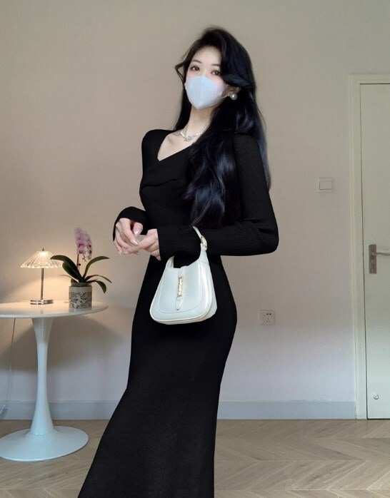 ドレス 二次会ドレス ロングドレス ロング ロング丈 袖あり 長袖 Vネック Aライン ハイウエスト かわいい 大人可愛い きれいめ シンプル 大人 上品 おしゃれ かっこいい 大人女子 こなれ感