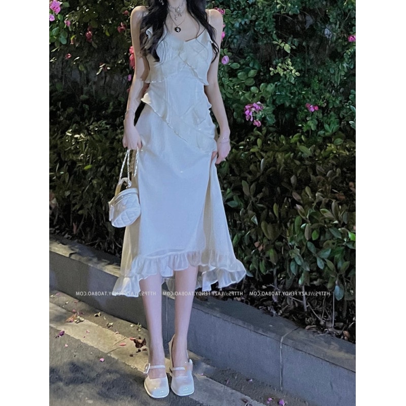 サスペンダーフリルワンピース レディースドレス Amulet サスペンダーワンピース レディース ドレス 春 夏服 韓国