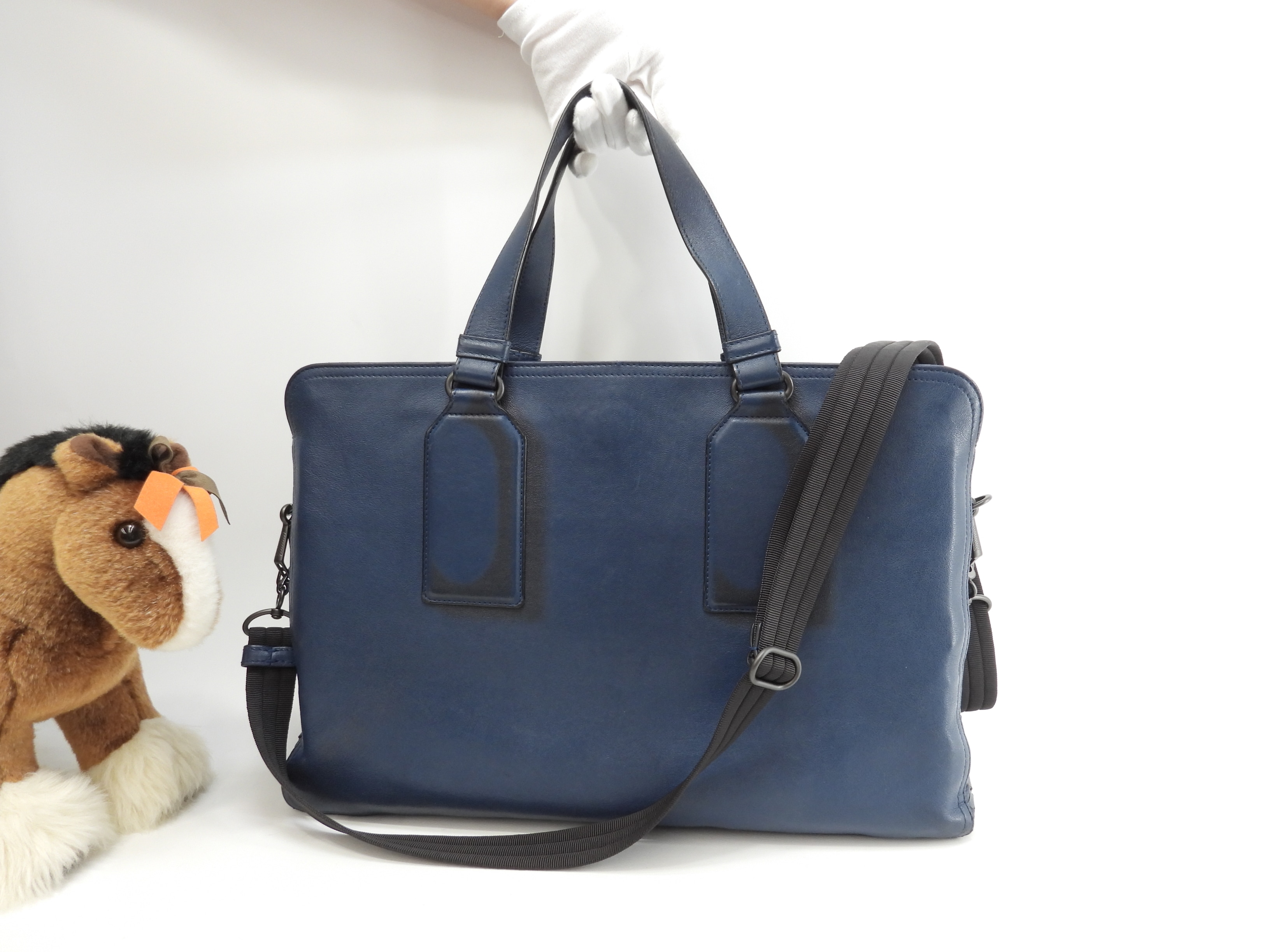 s付ブリーフケース 横イントレチャート レザー青黒 美品@B05324701Q