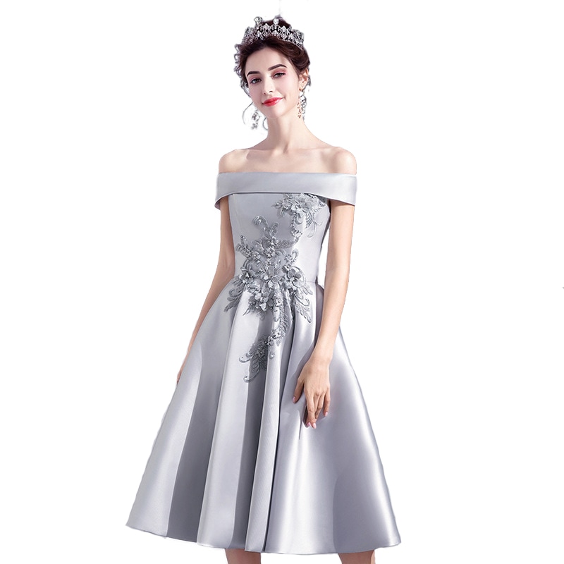 イブニングドレス レディース ワンショルダー シルバーグレー 立体刺繡 レトロ プリーツスカート 夏