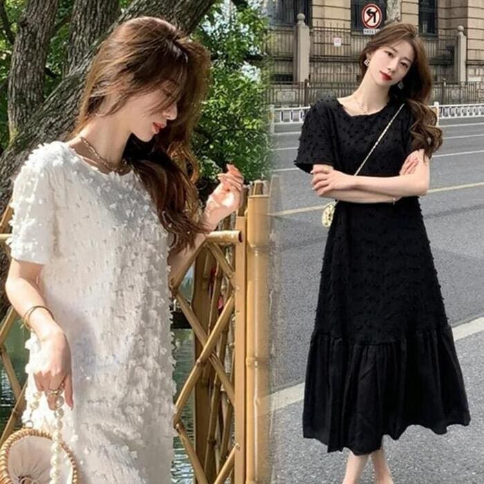 女の子ワン ワンピ ドレス フェザー 袖あり レディース エレ きれいめ カジュアル 半袖 大人 可愛い フェミニン ミモレ丈 切り替え フレア ティアード シンプル ブラック 黒 ホワイト 白202