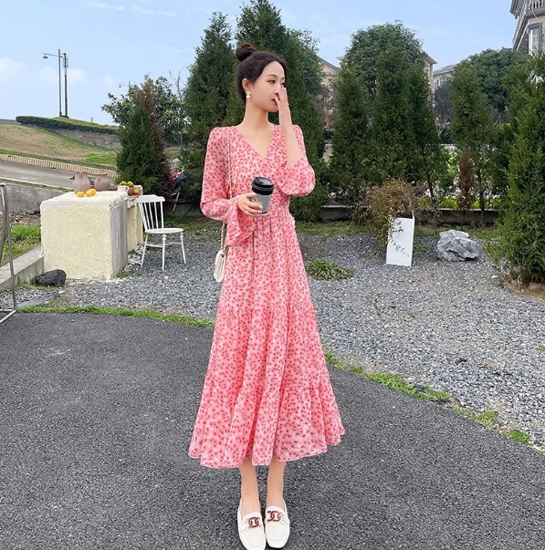 レディース ワンピース ロング 長袖 パフスリーブ フレアスリーブ Vネック 襟なし フレア ウエストマーク 透け感 かわいい 大人可愛い きれいめ カジュアル 上品 おしゃれ こなれ感
