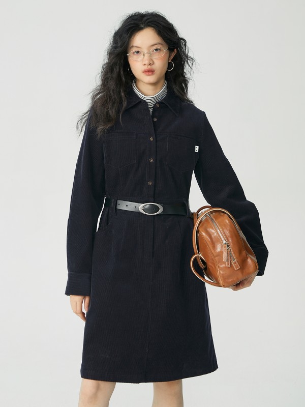 オモント エッグタルト コーデュロイ ワークウェア ドレス レディース 冬物 新作 レトロ ミディアム丈 シャツ スカート