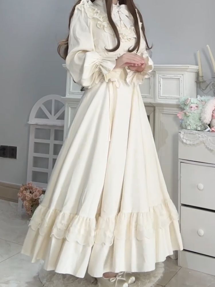生成り色 長袖 OPワンピース 重厚レース エレガント ロリータ ウエスト絞り ロングスカート 2026新作
