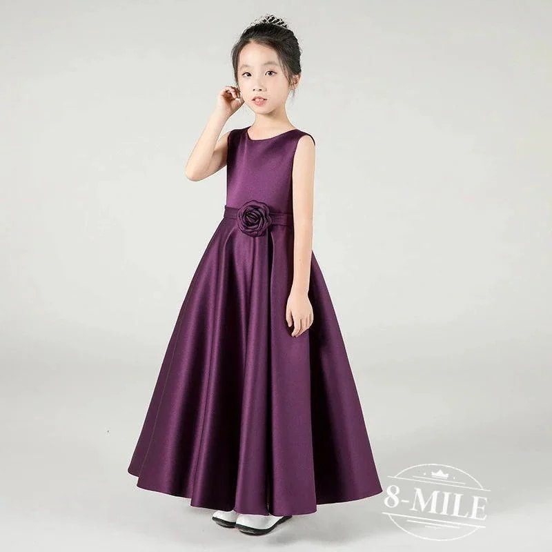 子どもド ロングドレス パープル 黒 女の子ドレス 紫色 ブラック ウエスト花柄 可愛い 新品/第1弾キャンペーンピアノ発表会ドレス 女児ドレス 演奏会ドレス サテン 子供ドレス