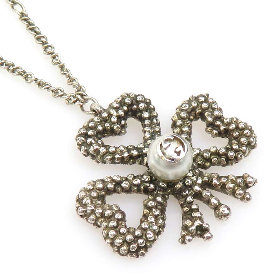 グッチ GUCCI ネックレス ハート リボン シルバー925/フェイクパール シルバー/ホワイト レディース e60609a