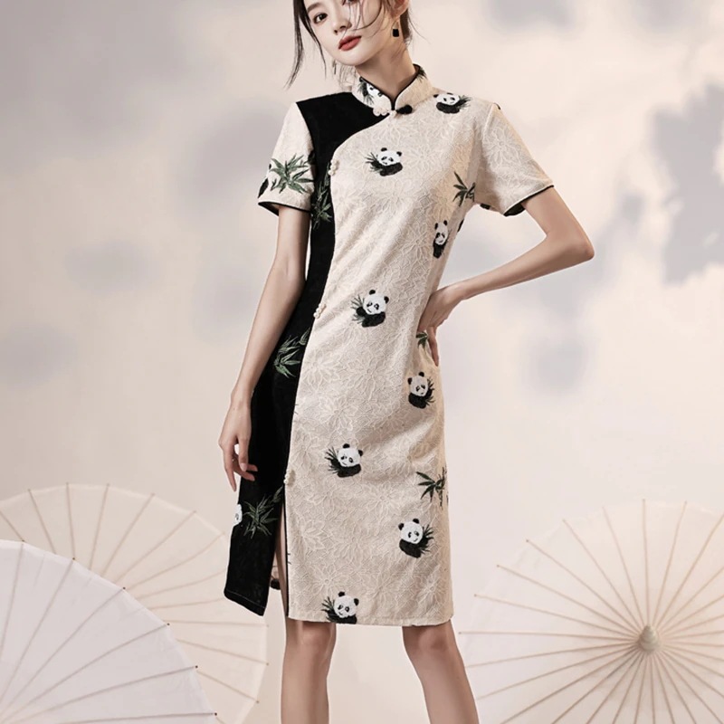 【快速出荷】チャイナ風ワンピース 春夏 チャイナドレス レースワンピ パンダ 半袖 チャイナ服 普段着 腰括れ