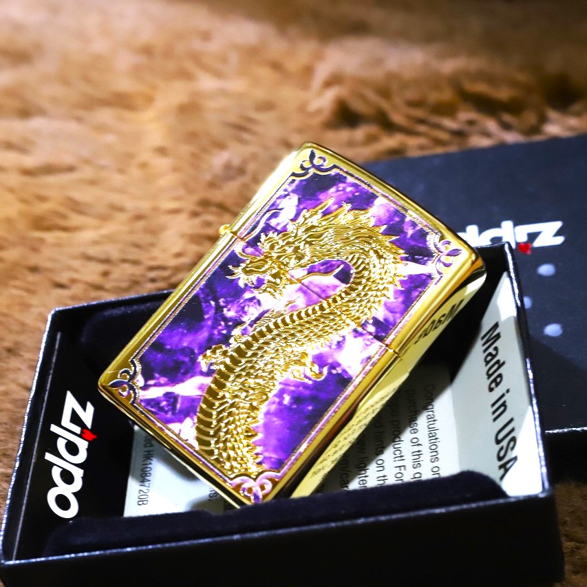 【88個限定】 パープルドラゴン ゴールド 紫 両面加工 限定ナンバー入り プレゼント 人気 高級 金タンク ライター 縁起の良いじっぽ インナーゴールド 龍 竜