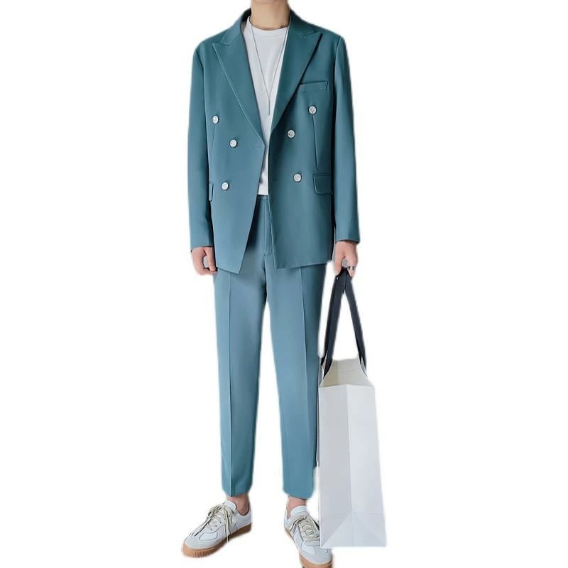 メンズ カジュアル スーツ 上下 セットアップ 韓国 おしゃれ ステージ 歌手 パフォーマンス 英国 ビジネス スリム ダブルブレスト 男性