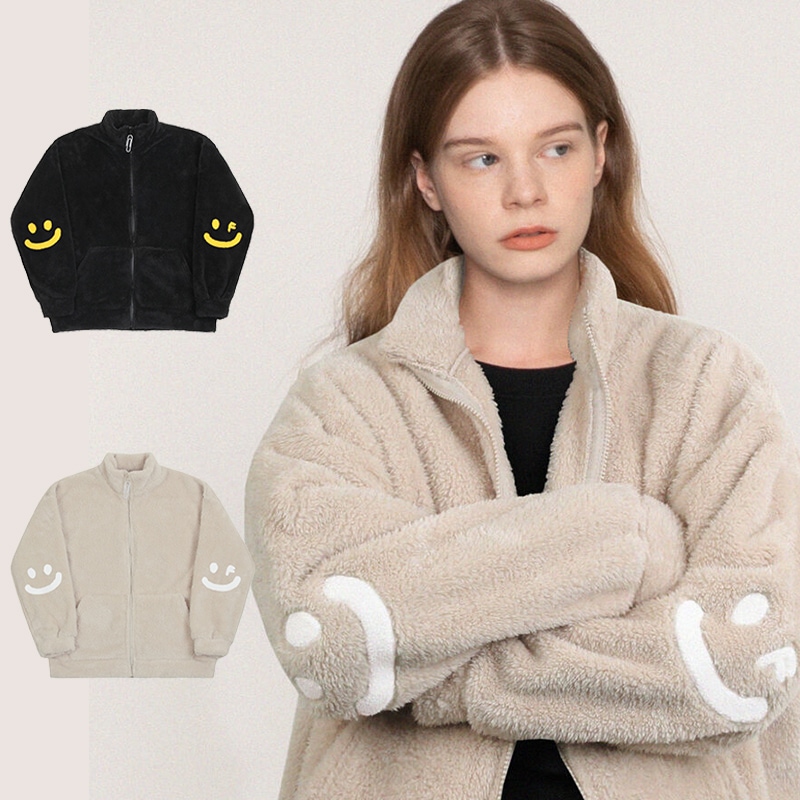 [UNISEX]Elbow Drawing Embroidery Smile White Clip Fleece Zip-Up Jacket_2colors