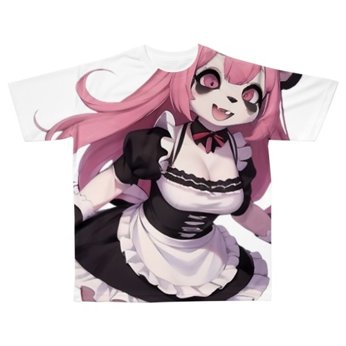 【文字入れ可能受注生産】パンダの女の子　メイド　ケモナー　ピンク髪 フルグラフィックTシャツ