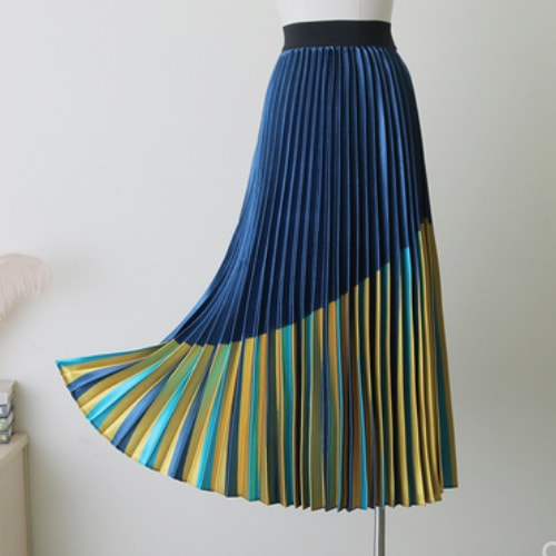 ブルーイエロー パッチワーク シャイニー aライン 女性 スカート ヴィンテージ A1089