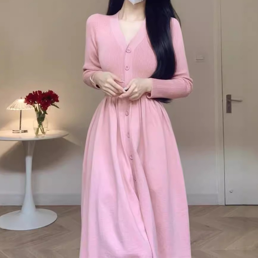 【1つ買うと10つ無料】穏やかな気質ピンクの秋と冬のウエストvネック長袖のニットドレスシングルバックル汎用性のある大きな長いスカート女性