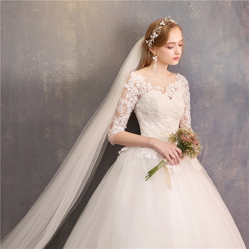 韓国版のウェディングドレス片方の肩長袖シンプルで薄い長い尾森のウェディングドレス2024夏の新しいスタイル