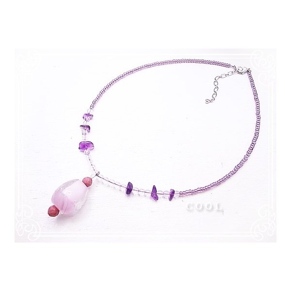 アメジスト ビーズ ネックレス ガラス とんぼ玉 ハンドメイド // ガラスアート COOL