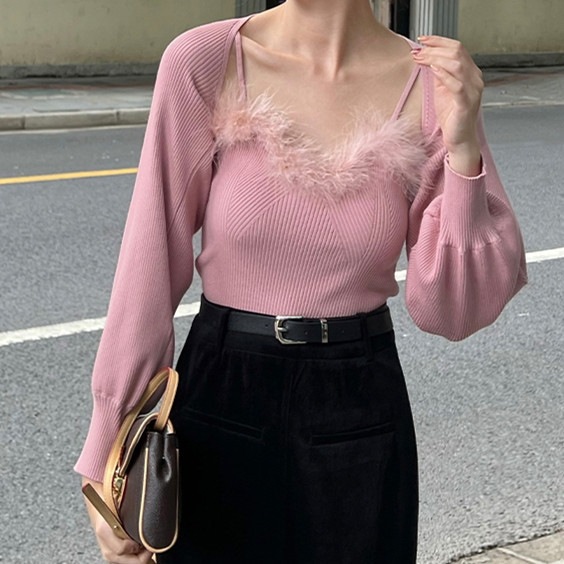 ボレロセットアップ ボレロ キャミソール カーディガン サスペンダー ファー 2点セット ツーピース スリム 細身 韓国 レディース かわいい 可愛い キュート 大人可愛い 大人女子