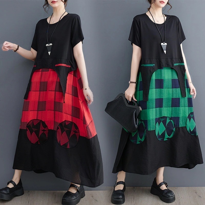 「ファットガール」 2024夏新品 Tシャツワンピース ドッキング 格子柄 体型カバー ロングワンピース30%までに制限