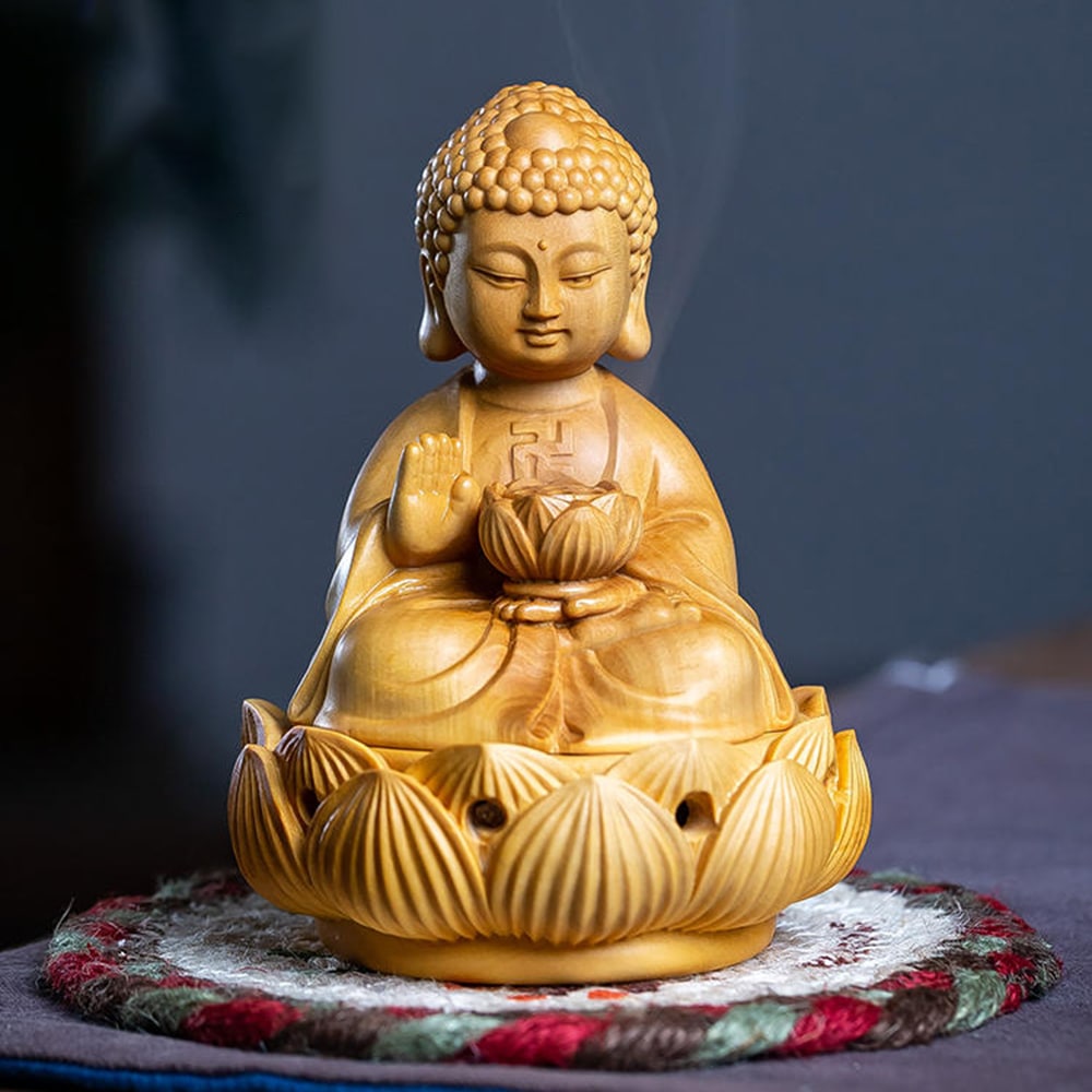 釈迦牟尼如来 黄楊木香炉 木彫り置物 家庭用香道工芸品