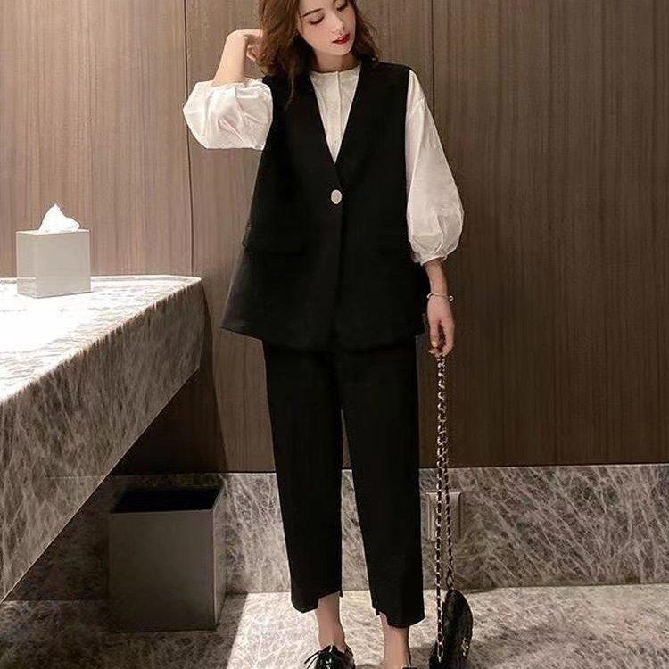 レディースファッション3点 セットアップ スーツ フォーマル シャツ パフスリーブ バンドカラー 七分袖 アンクル丈 パンツ スーツ 春 秋 かっこいい 長袖