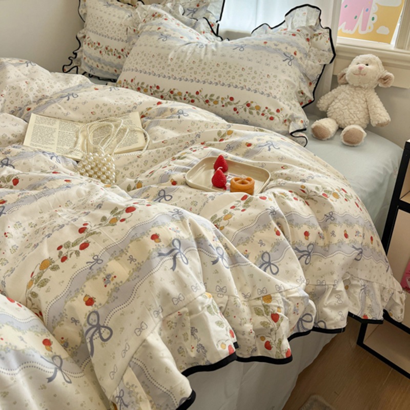 小清新荷叶边全棉印花四件套少女心纯棉床单被套学生三件套 **Translation:**