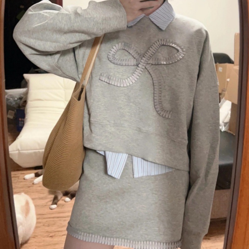 アメリカンカレッジスタイルボトリングシャツグレーリボントレーナーレディース秋デザインニッチスカート3点セット